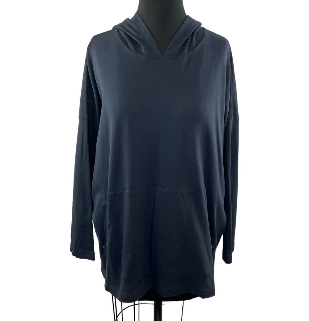 Eskandar Blue Hoodie Pima Cotton Pockets Draped Sleeve Hooded Top Classic Size 0